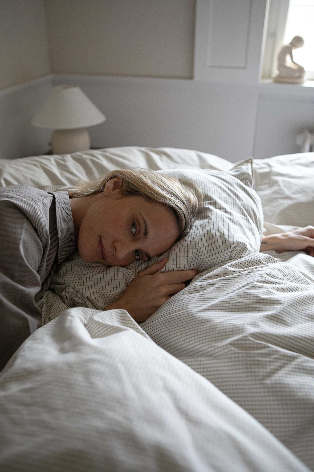 Adult sengesæt – Percale creme black plaid